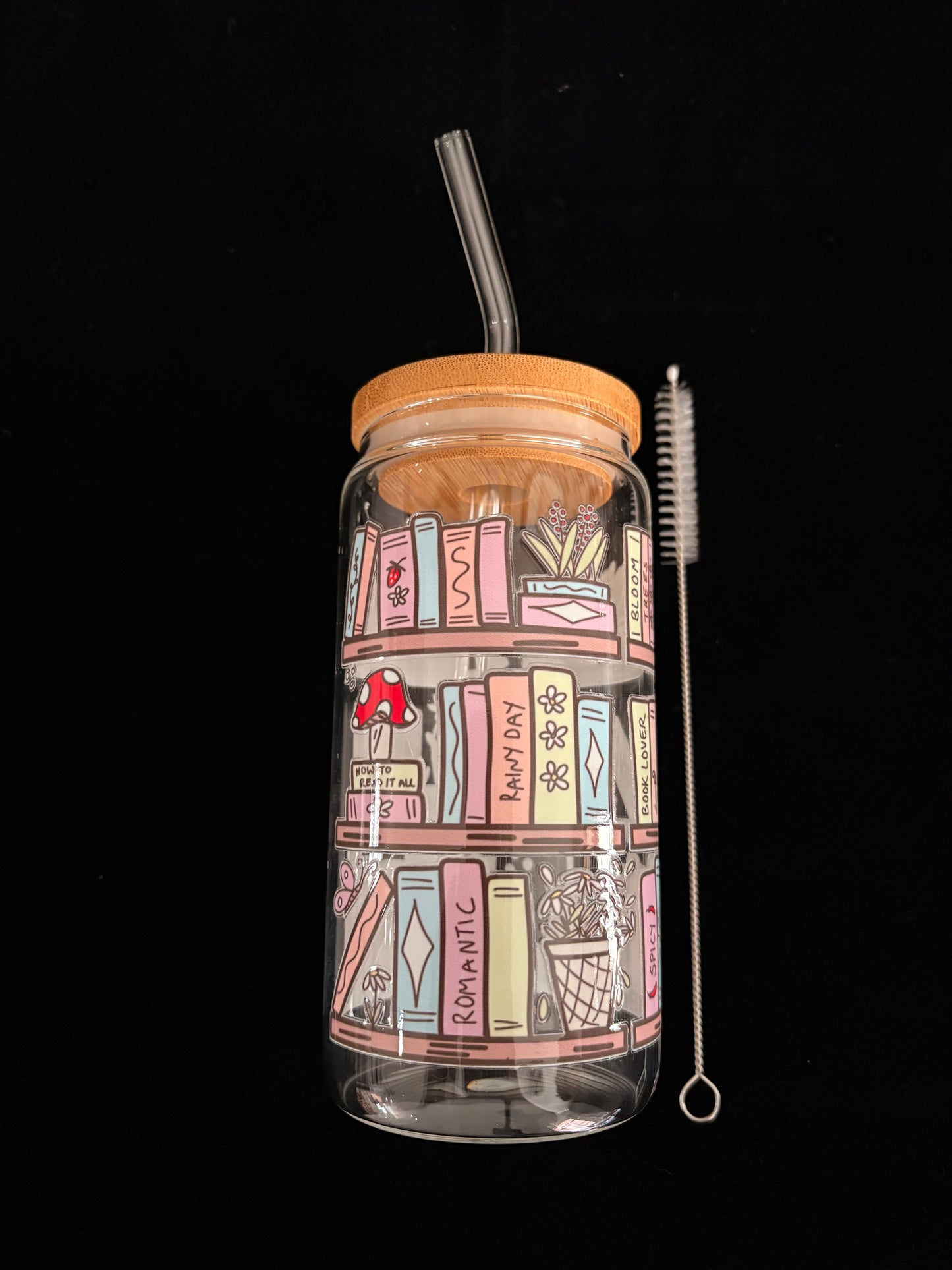 Glass Cup with Lid and straw- BookShelves