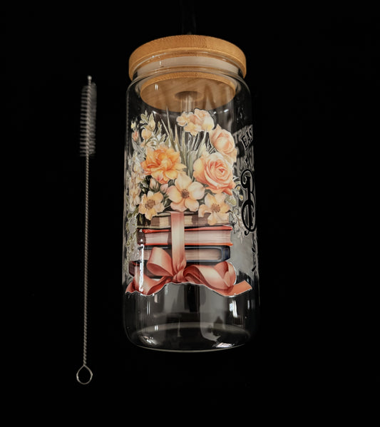 Glass Cup with Lid and straw- Easily Distraced by Books