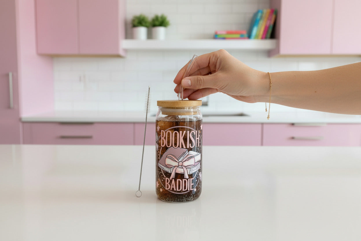 Glass Cup with Lid and straw- Bookish Baddie