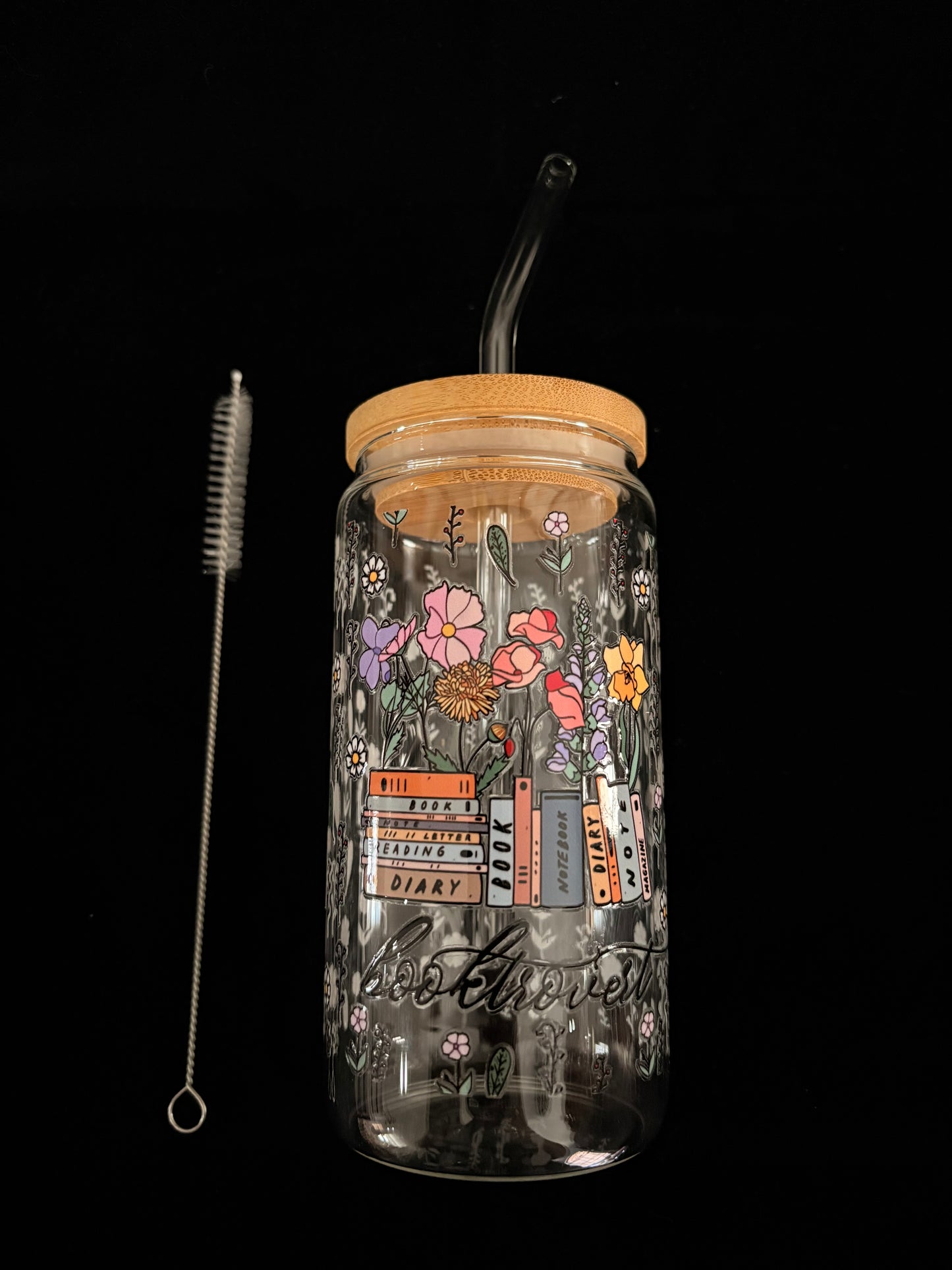 Glass Cup with Lid and straw- Book Era