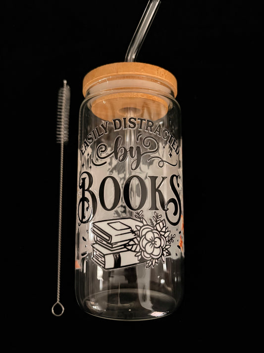 Glass Cup with Lid and straw- Easily Distraced by Books