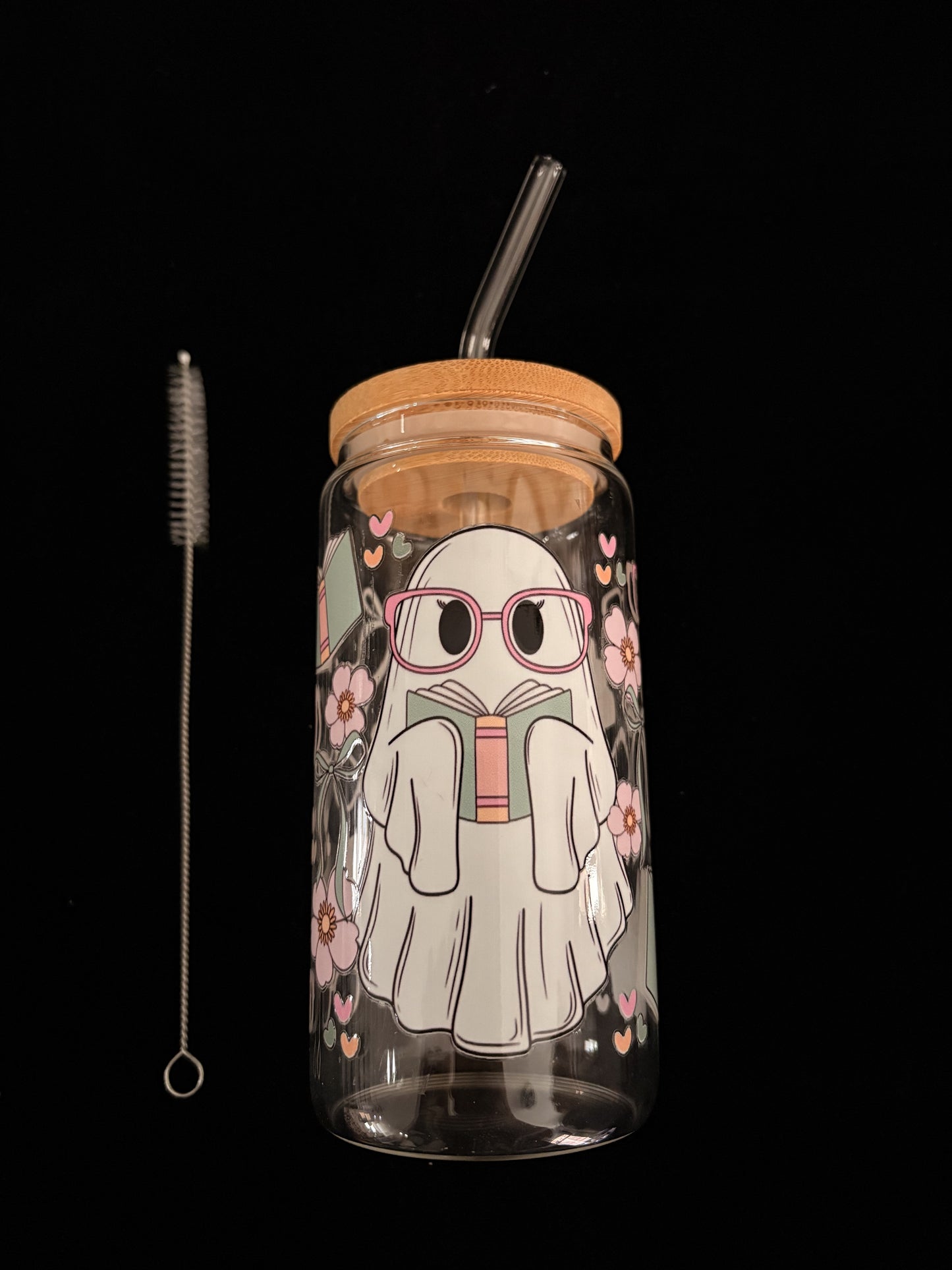 Glass Cup with Lid and straw-Book Ghost