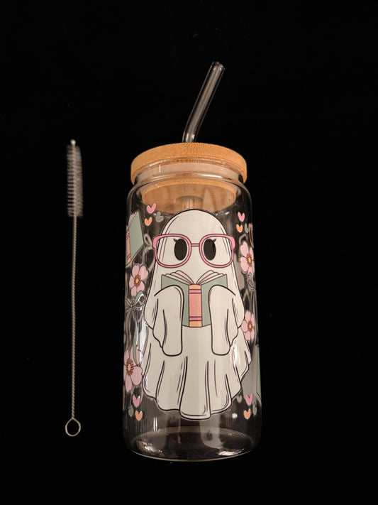 Glass Cup with Lid and straw-Book Ghost